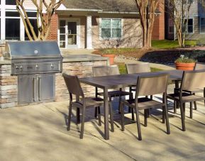 Barbecue with table and six chairs nearby at Sonesta ES Suites Raleigh Durham Airport Morrisville.