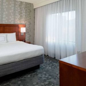 Double bed guest room in Sonesta Select Kansas City South Overland Park, including TV and a large window.