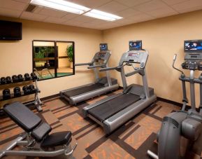 Sonesta Select Miami Lakes’ fitness center is equipped with various exercise machines, free weights, and a wall-mounted TV.