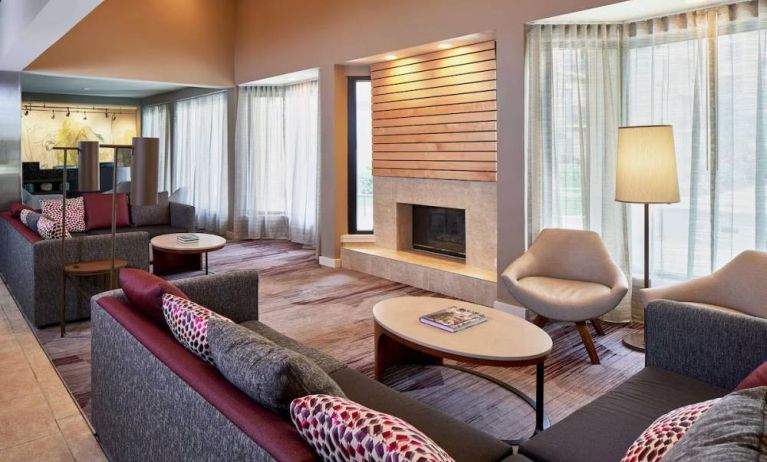 Lounge in the hotel lobby, including large windows, coffee tables, comfy seating, and a fireplace.