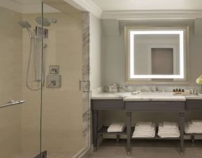 Guest bathroom with shower at Fairmont Hotel MacDonald.