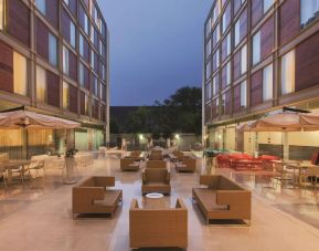 Outdoor terrace and coworking space at DoubleTree By Hilton Milan.