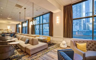 Lounge and coworking space at Homewood Suites By Hilton Chicago-Downtown.