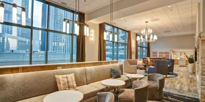 Dining and coworking space at Homewood Suites By Hilton Chicago-Downtown.