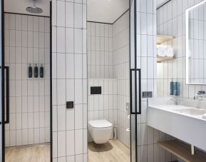 Guest bathroom with shower at Hilton Garden Inn Tbilisi Riverview.