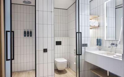 Guest bathroom with shower at Hilton Garden Inn Tbilisi Riverview.