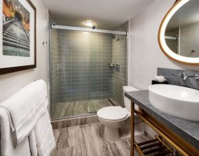 Guest bathroom with shower at Hotel Dena, Pasadena Los Angeles.