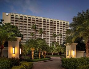 Hotel exterior at night at Royal Sonesta San Juan.