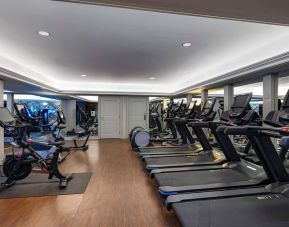 The hotel’s fitness center has both a range of exercise machines and racks of free weights.