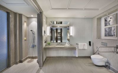 Guest bathroom at Hilton Dubai Al Habtoor City.