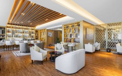 Lobby and coworking area at V Hotel Dubai.
