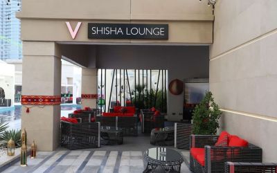 Street-side hotel lounge and restaurant at V Hotel Dubai.