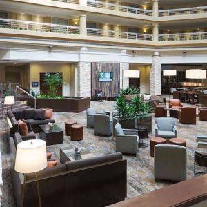 Lobby and lounge at Embassy Suites By Hilton Denver Tech Center.