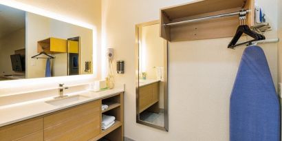 Guest bathroom with shower at Palace Inn Blue IAH East.