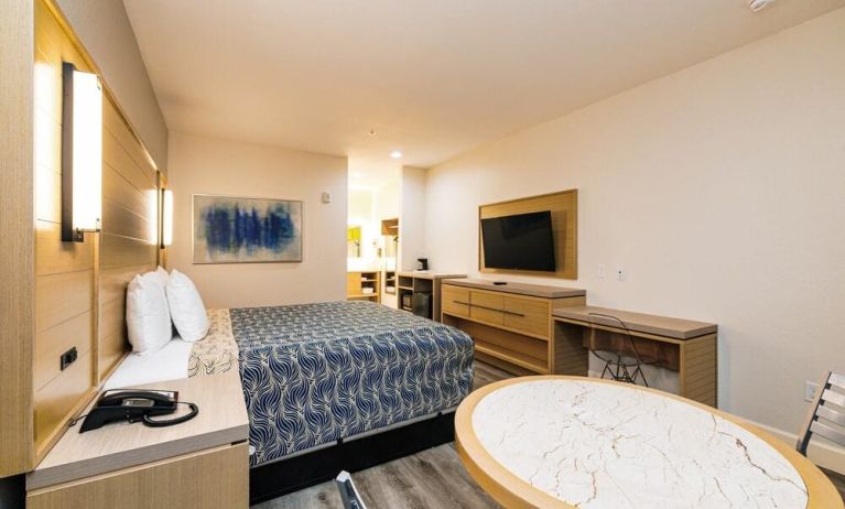 Day use room with TV and work desk at Palace Inn Blue IAH East.