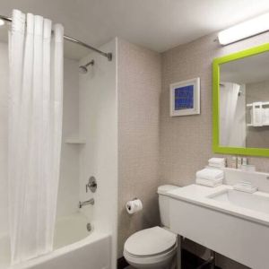 Guest bathroom with shower and tub at Hampton Inn & Suites Ft. Lauderdale Airport/South Cruise Port.