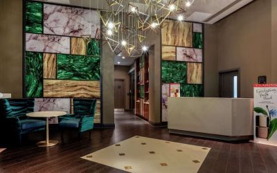 Lobby and hotel entrance at Hilton Aberdeen TECA.