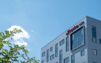 Hotel exterior by day at Hampton By Hilton London Gatwick Airport.