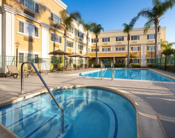 Outoor pool and hot tub at Hotel Marguerite.