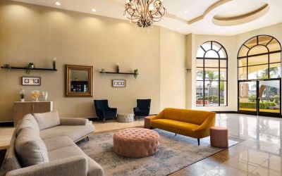 Lobby and coworking space at Hotel Marguerite.