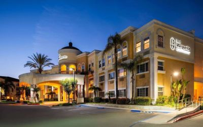 Hotel exterior at night at Hotel Marguerite.