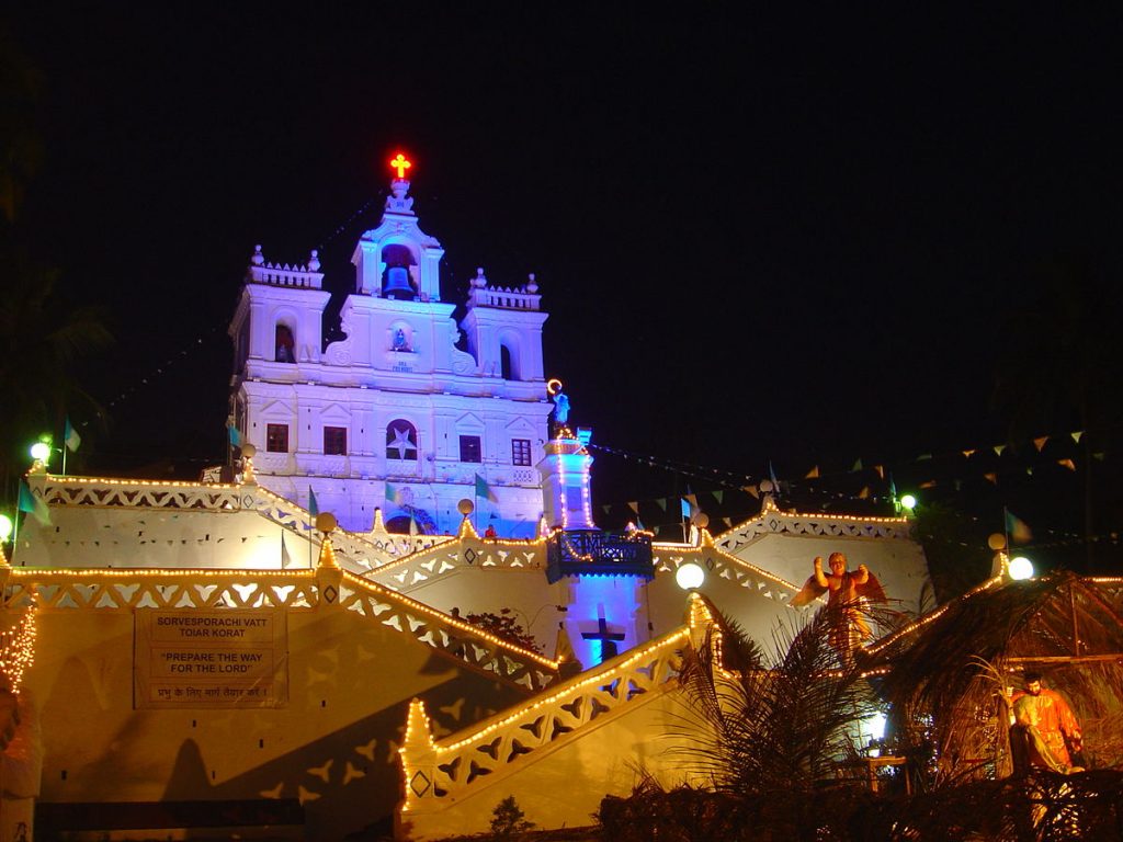 Christmas lights illuminating the Church of the Immaculate Conception in Panjim Goa.