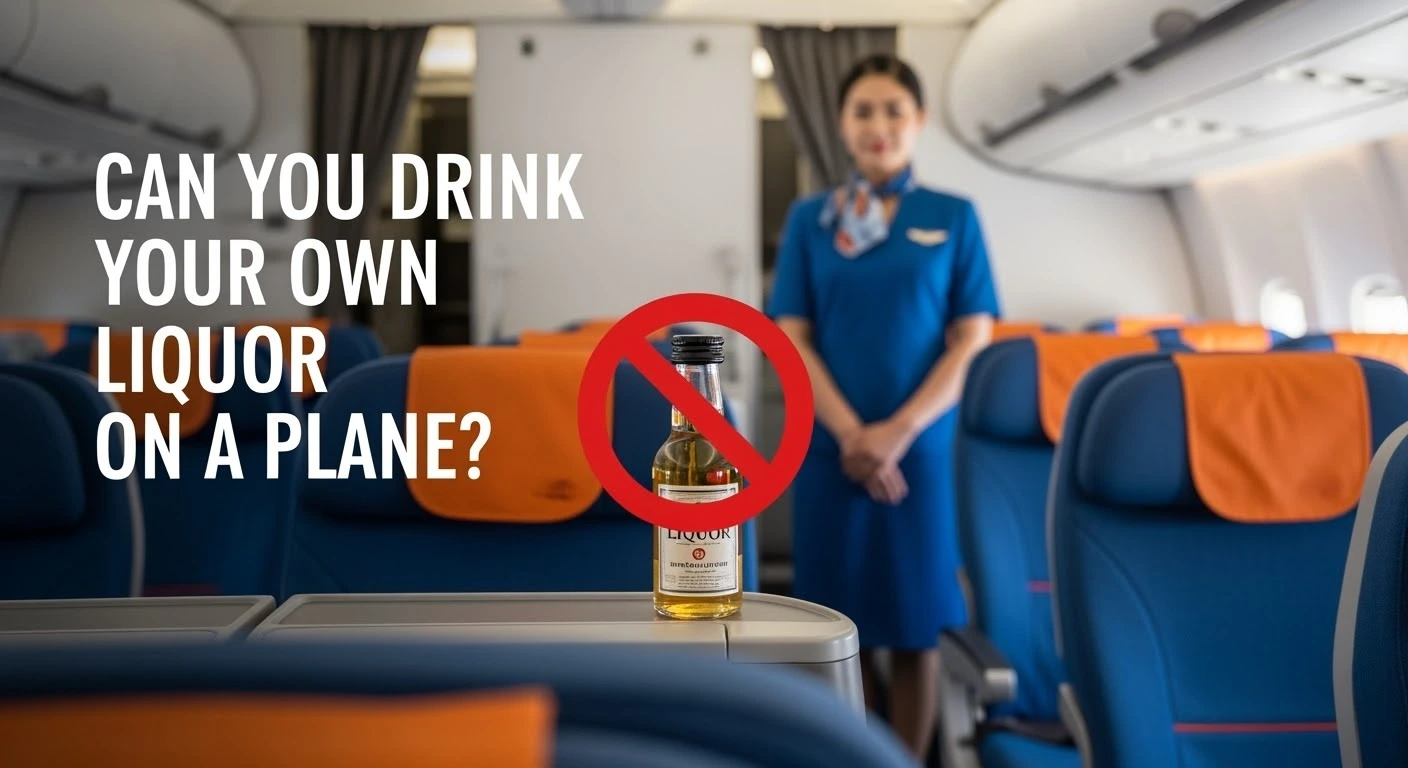 can you drink your own liquor on a plane: flight attendant standing in aisle of plane with a banned liquor bottle