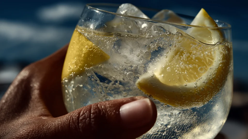 enjoy alcohol while flying: upclose of a hand holding a gin and tonic in short glass with lemon