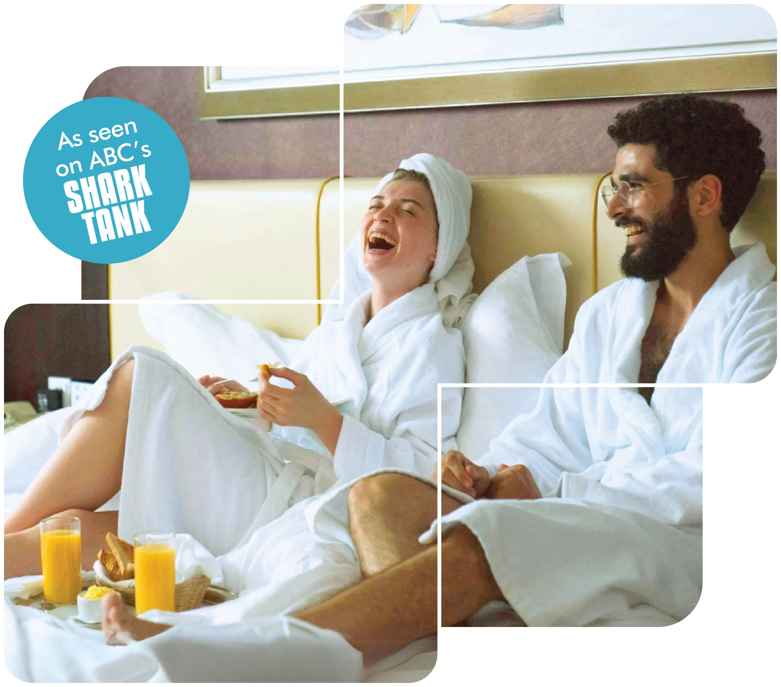 what is a day use hotel room: couple lounging on a hotel bed having breakfast in bed