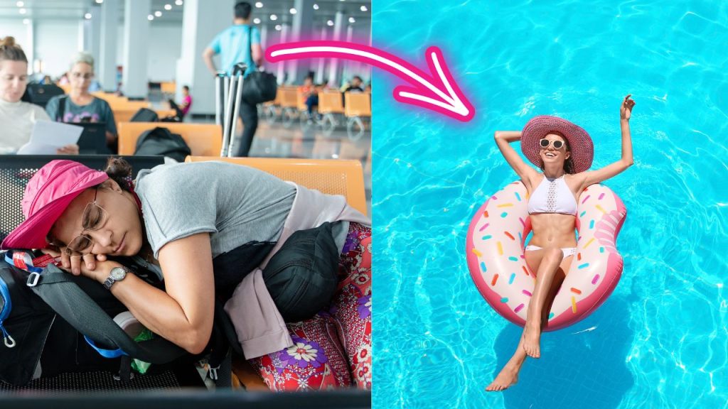 split screen of person sleeping in airport terminal and lady lounging in a pool on a donut float