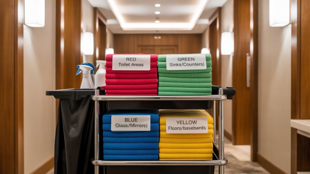 color coded microfiber cleaning towels: Red (toilet areas), Green (sinks/counters), Blue (glass/mirrors), Yellow (floors/baseboards)