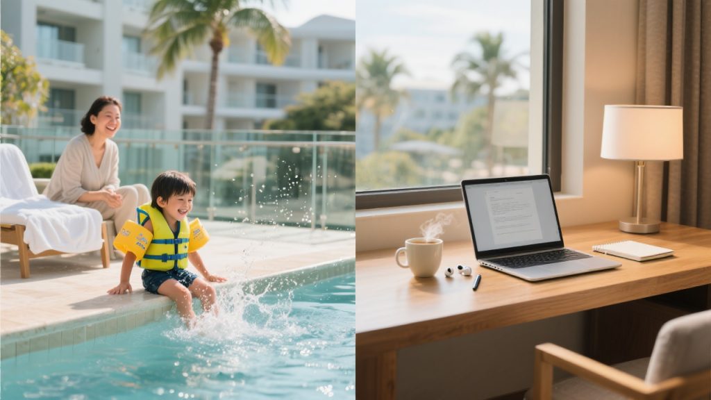 family-friendly-work-escape: split screen: pool setting with mom and child and work desk environment