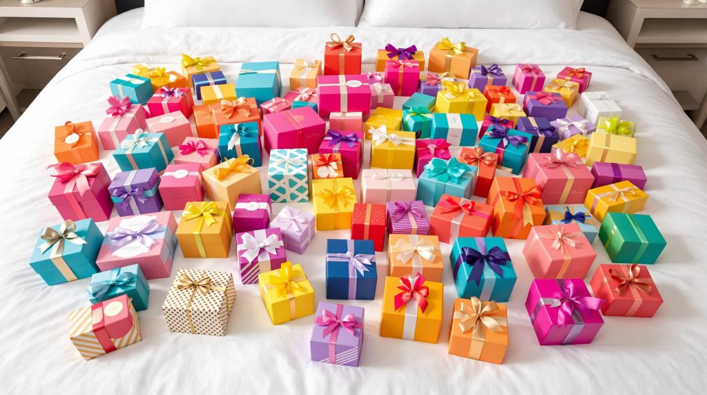 free gifts at the hotel: hotel bed covered in colorful gift boxes with bows