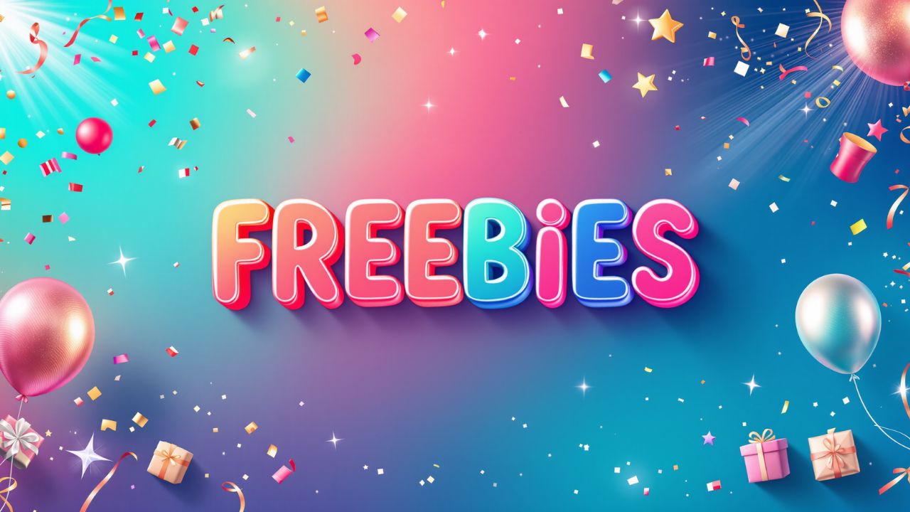 freebies-you-can-get-while-traveling: multi-colored background with balloons and confetti with the word freebies written in the middle