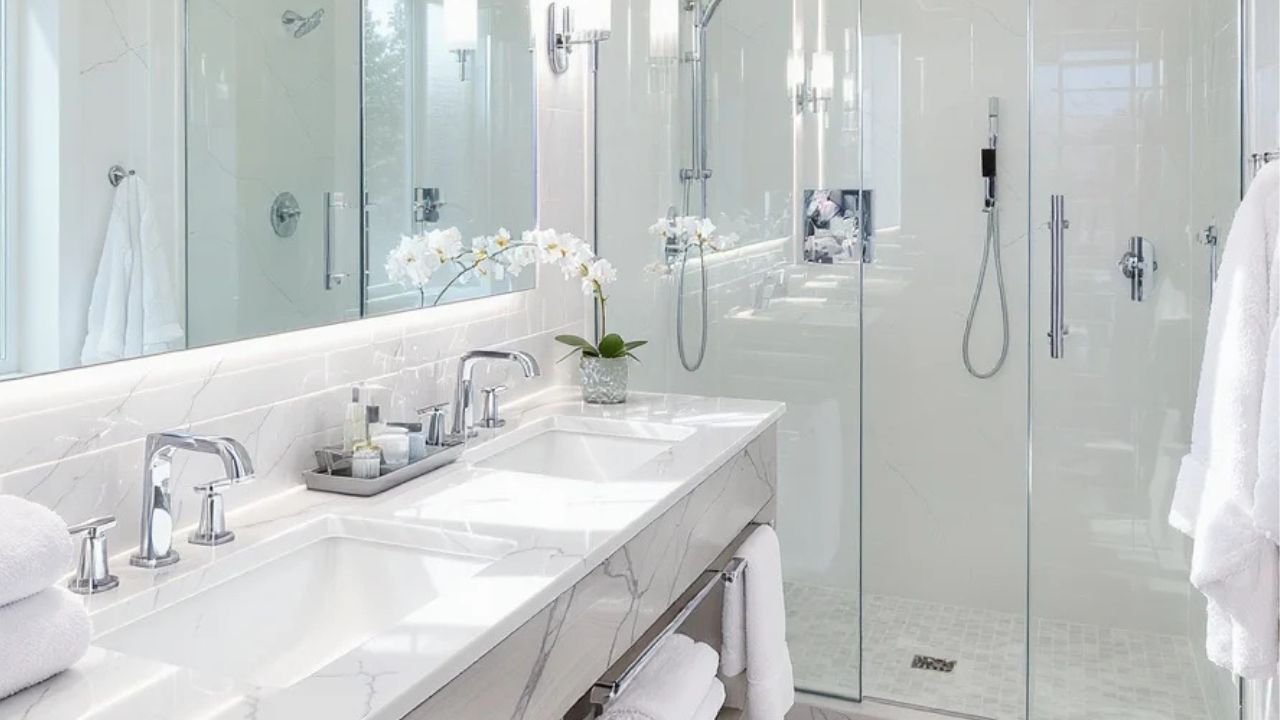 how clean are hotel bathrooms: sparkling clean white hotel bathroom