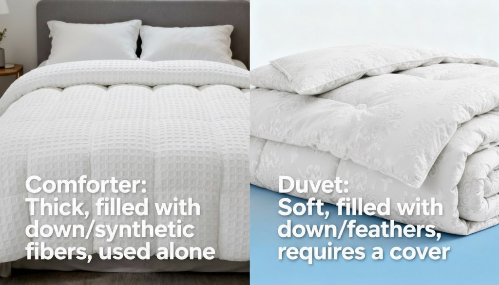 difference between a comforter and duvet: split screen image with text overlay comforter: thick, filled with down/synthetic fibers, used alone. duvet: soft, filled with down/feathers, requires a cover