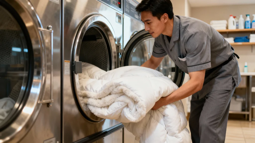 housekeeper putting hotel comforter in washing machine