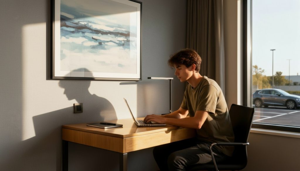 Guest working on a laptop in a day-use hotel room with free Wi-Fi and parking visible outside.