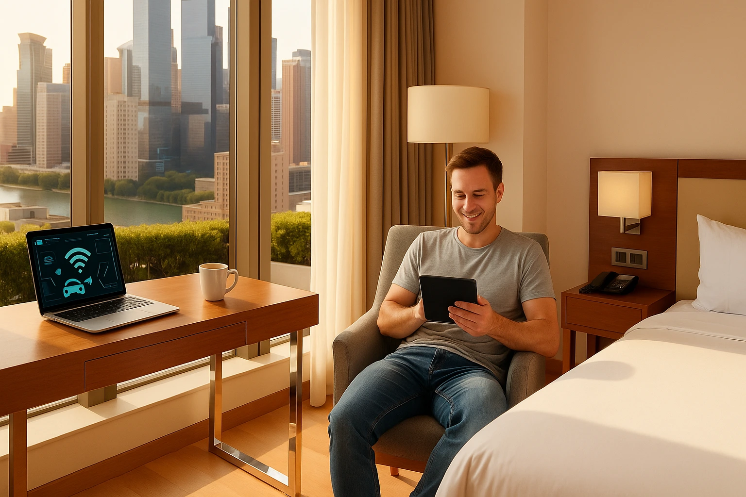 Modern hotel room during the day with sunlight streaming in, a laptop and coffee cup on the desk, and a guest relaxing nearby — representing day-use hotels with Wi-Fi and parking available.