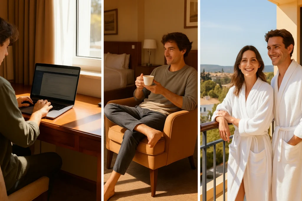 Guests using day-use hotels for work, relaxation, and romantic daytime escapes.