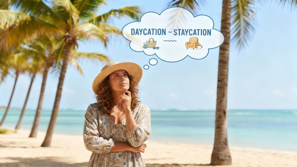 lady on a beach contemplating the choice between a daycation and staycation