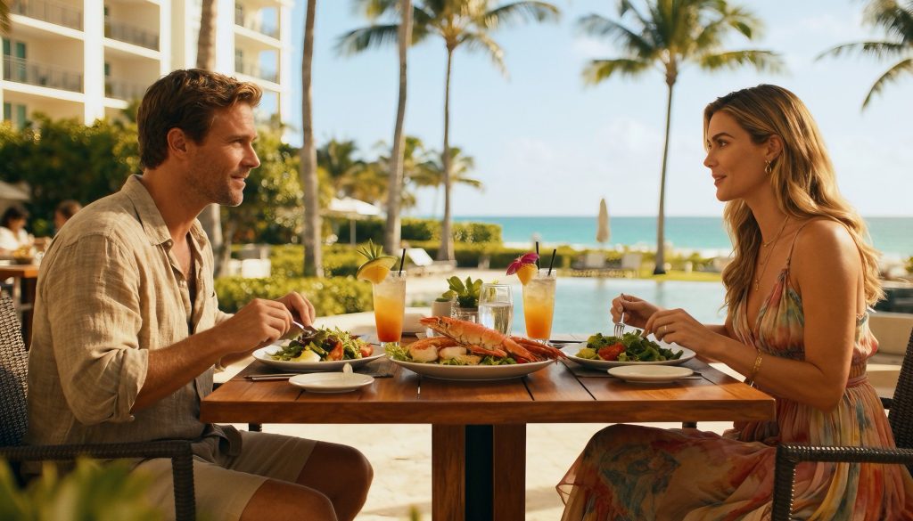 when should you book a daycation: couple having lunch at outdoor hotel restaurant in miami