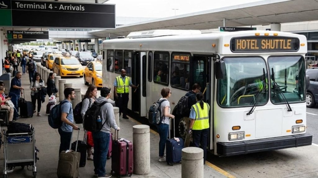 Travelers boarding hotel shuttle outside JFK Terminal 4 arrivals area