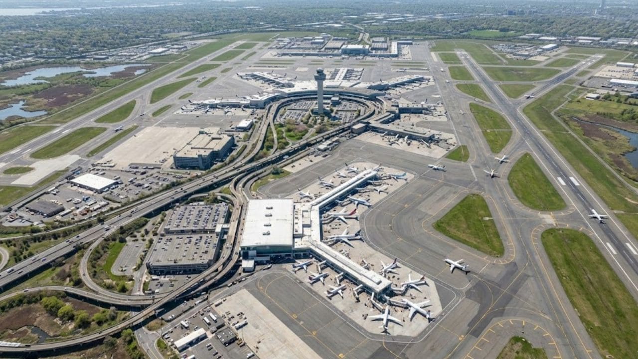 aerial view of JFK John F. Kennedy International Airport runways and terminals - generated by google gemini