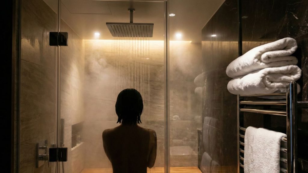 A steamy, luxurious hotel bathroom shower. We see the back of a person's head and shoulders under a large rainfall showerhead, washing off travel fatigue. Fluffy white towels are stacked nearby on a heated rack. The vibe is spa-like, clean, and immediately refreshing.