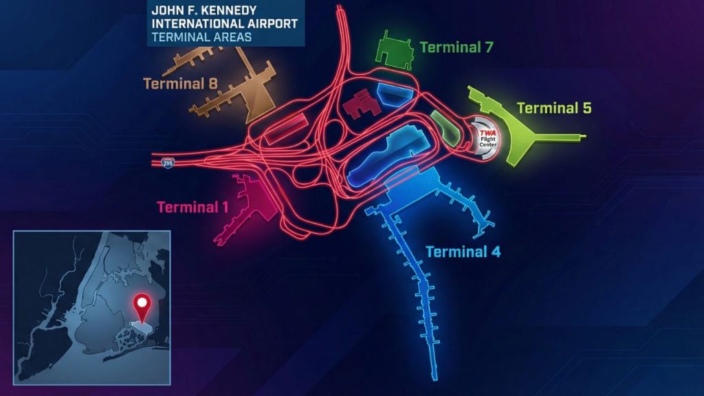 JFK terminal layout map highlighting terminals 1, 4, 5, 7, and 8