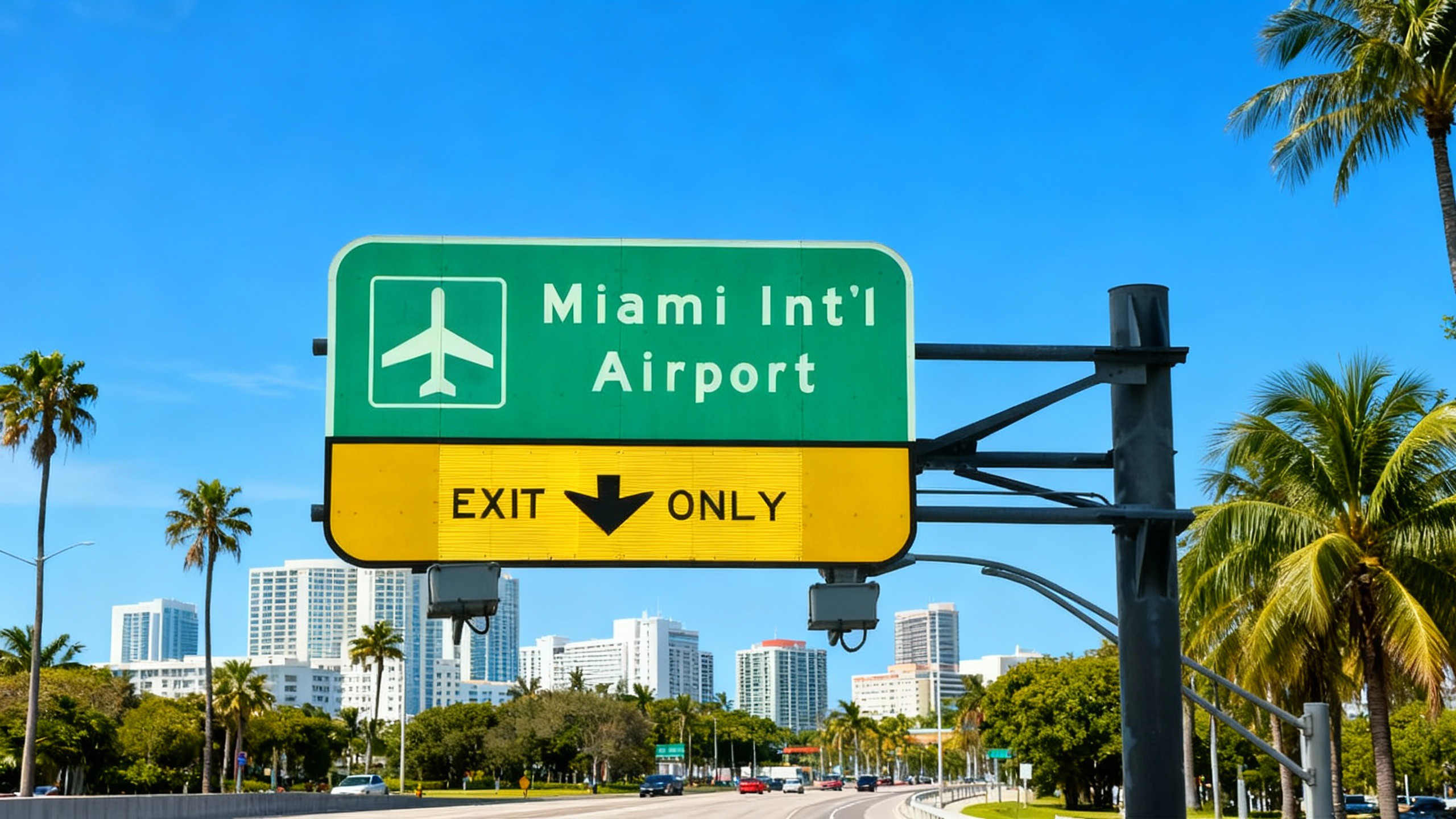 miami airport layover guide: freeway sign signaling exit only miami international airport