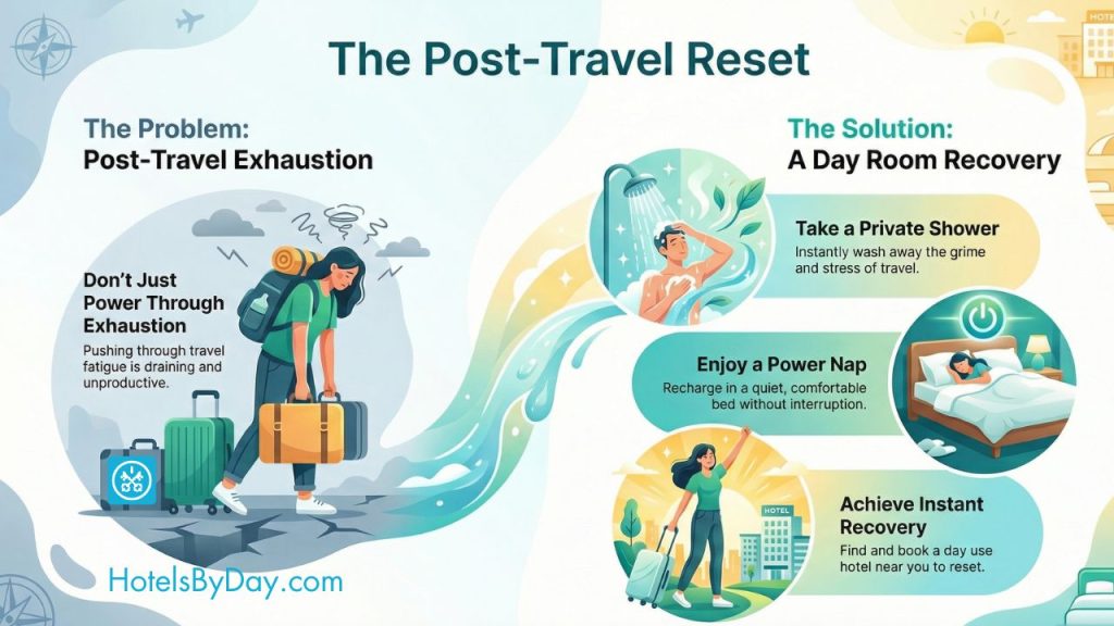 Contrasting post-travel exhaustion with day room recovery benefits from HotelsByDay.