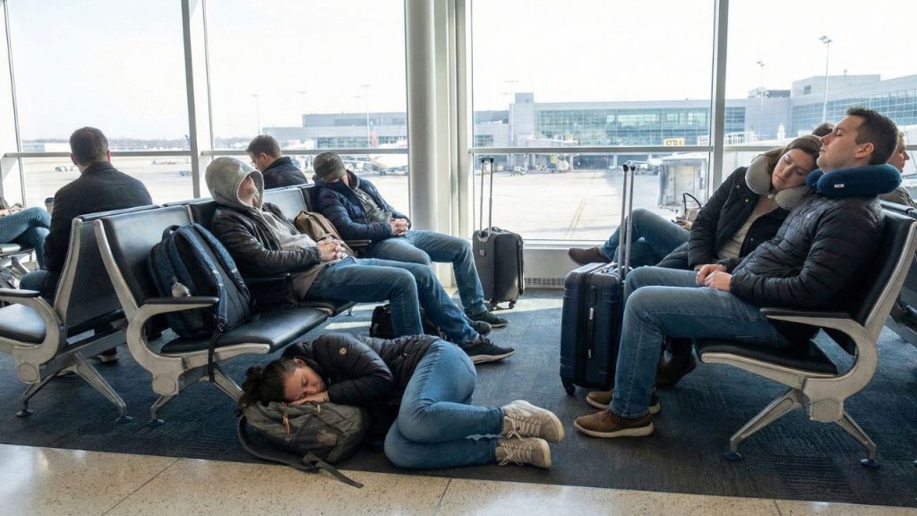 ai generated image of people sleeping in terminal seating at jfk international airport