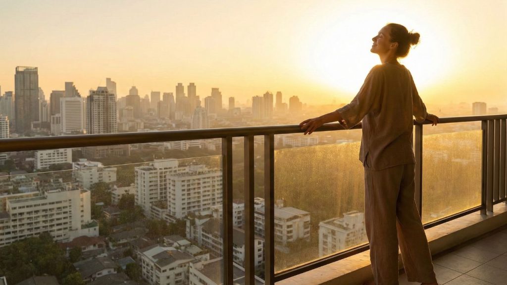 Traveler getting morning sunlight exposure to reset their circadian rhythm after an eastward flight.